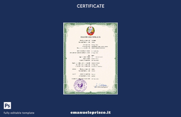 modello PSD del certificato di morte della Corea del Nord in stile verificato